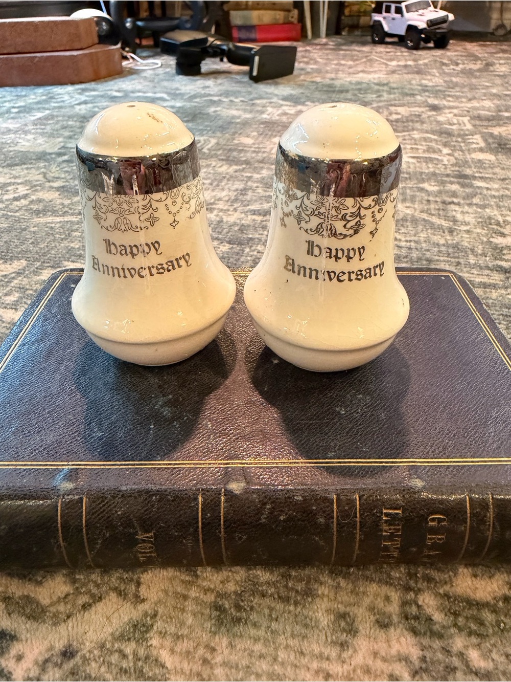 Happy Anniversary Ceramic Salt and Pepper Shakers - Cream with Silver Trim